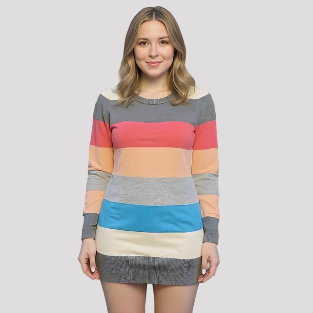 3/4 Sleeves Knit Colorful Striped Mini Sweater Dress